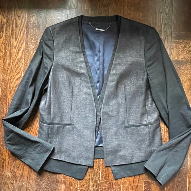 Elie Tahari Black Blazer Jacket Leather Trimmed Linen/Cotton-10
