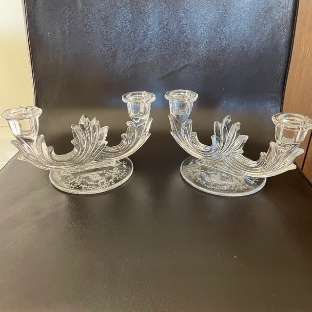 Vintage Fostoria Double Candlestick Navarre Etched Glass