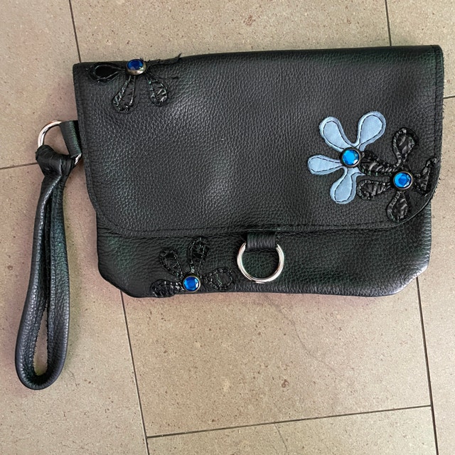 Navy Blue Leather Purse/Clutch with Flower Appliques and Handle