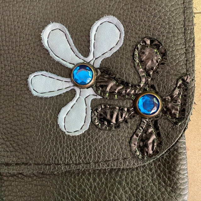 Navy Blue Leather Purse/Clutch with Flower Appliques and Handle - photo 4