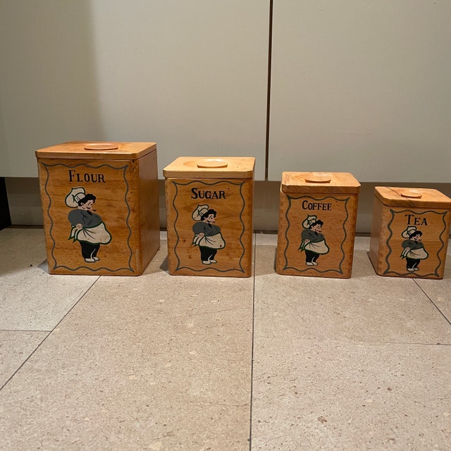 Vintage 50s Set 4 Handpainted Wood Nesting Canisters-Made Japan