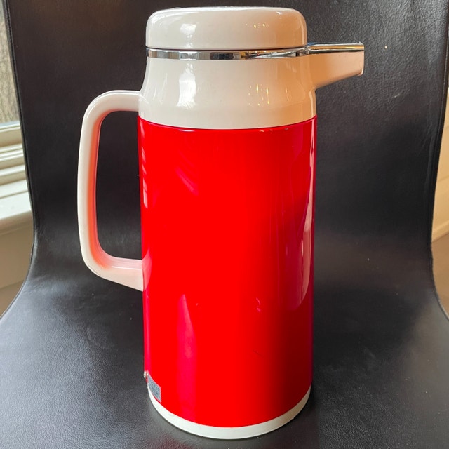 Large Vintage Red Thermos-Japan-National Vacuum Bottle-Glass Int