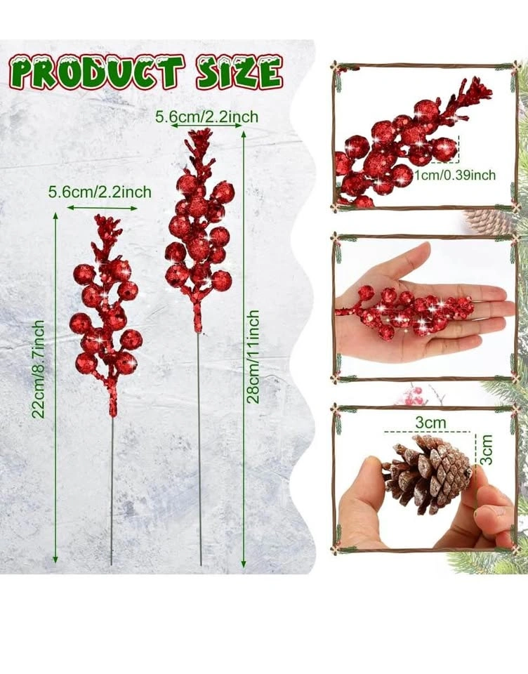 Ceenna Christmas Artificial Glitter Berry Stems and Pine Cones