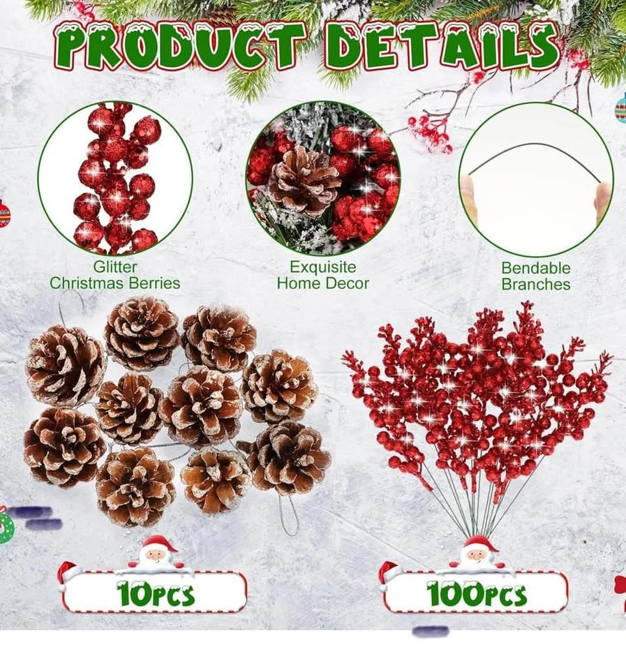 Ceenna Christmas Artificial Glitter Berry Stems and Pine Cones - photo 2