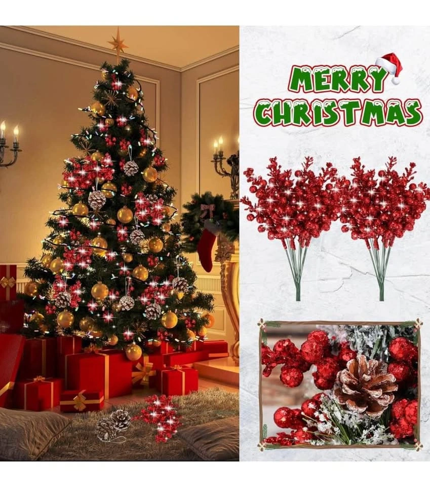 Ceenna Christmas Artificial Glitter Berry Stems and Pine Cones - photo 4