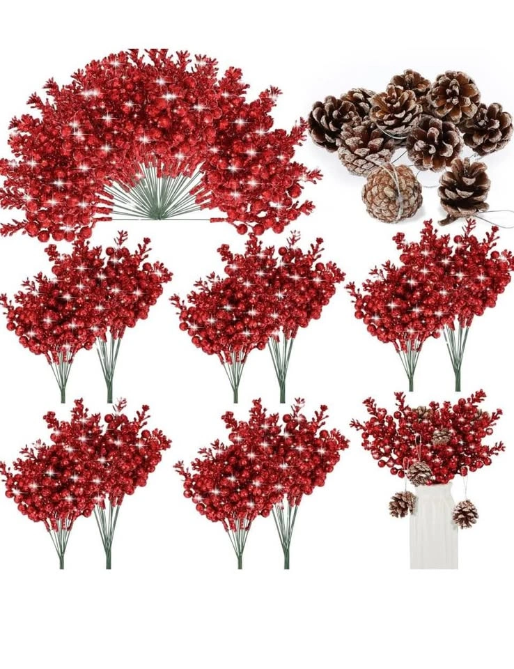 Ceenna Christmas Artificial Glitter Berry Stems and Pine Cones - photo 5