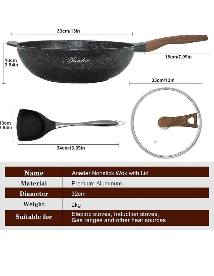 32.5cm Non Stick Wok Pan with Lid and Spatula - photo 2