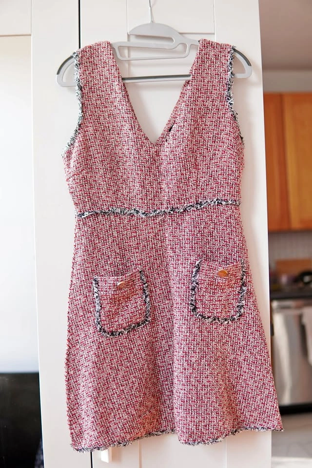 Red Tweed Sleeveless V-Neck Mini Dress