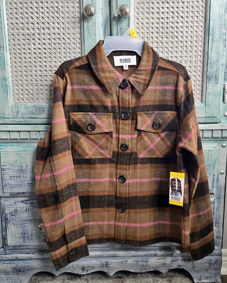 NWT BB Dakota Women's Boxy Pea Coat, Cashew Nut Plaid