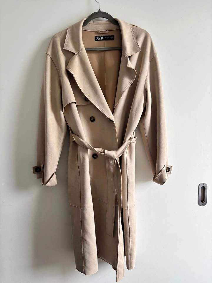Zara Women Tan Faux Suede Trench Coat Size L