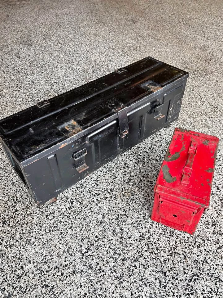 Vintage WWII Black Metal Ammo Toolbox and Red Metal Ammo Box
