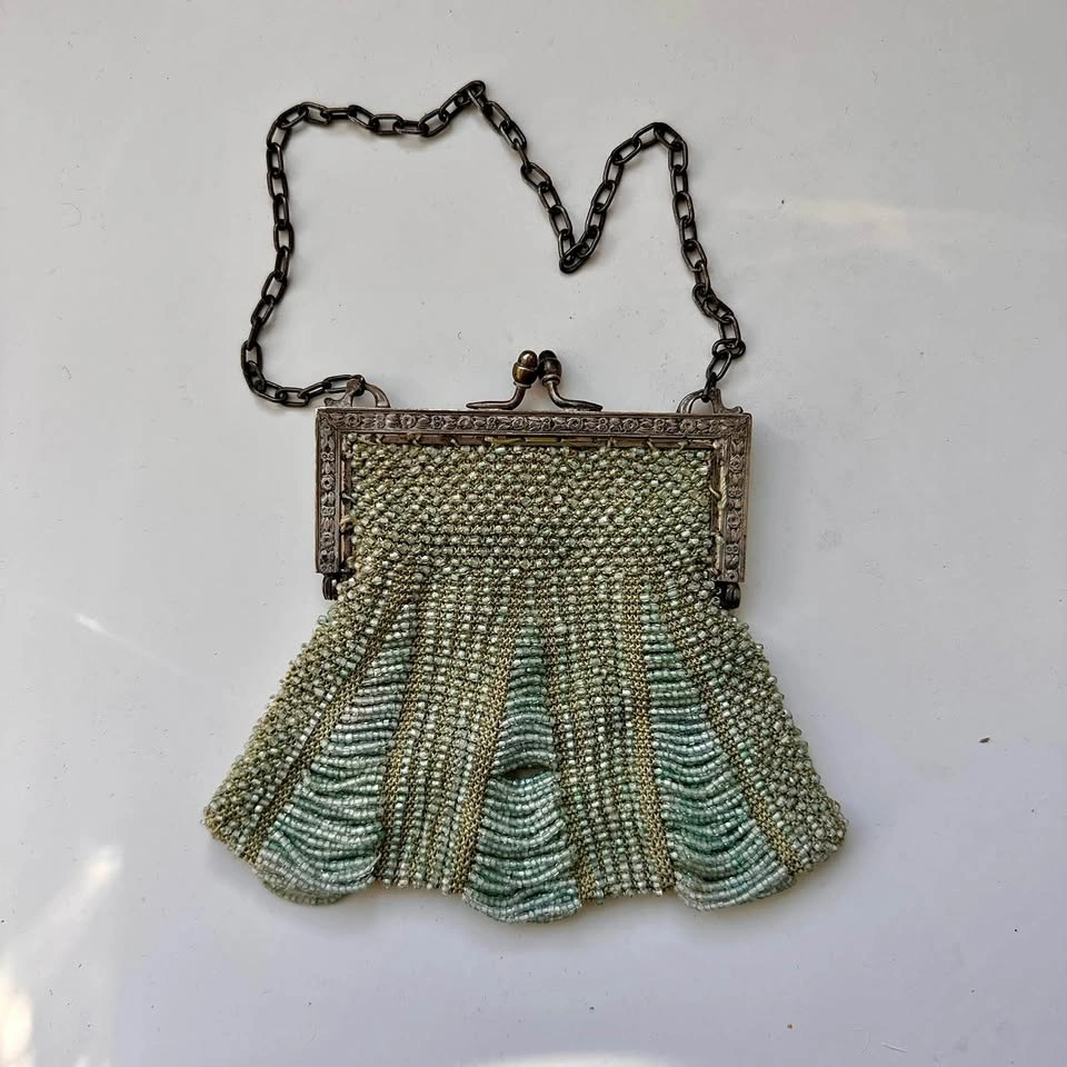 Antique Victorian Art Deco Silver Beaded Evening Bag