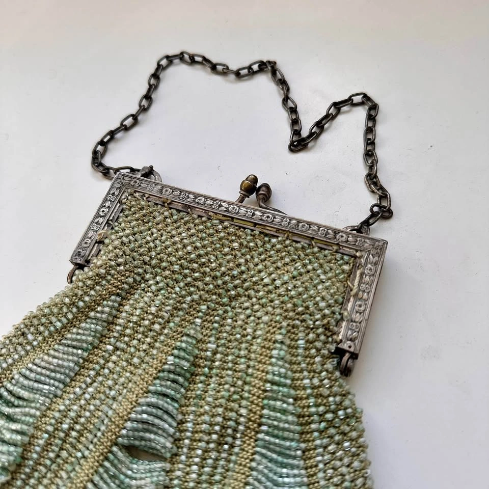 Antique Victorian Art Deco Silver Beaded Evening Bag - photo 2