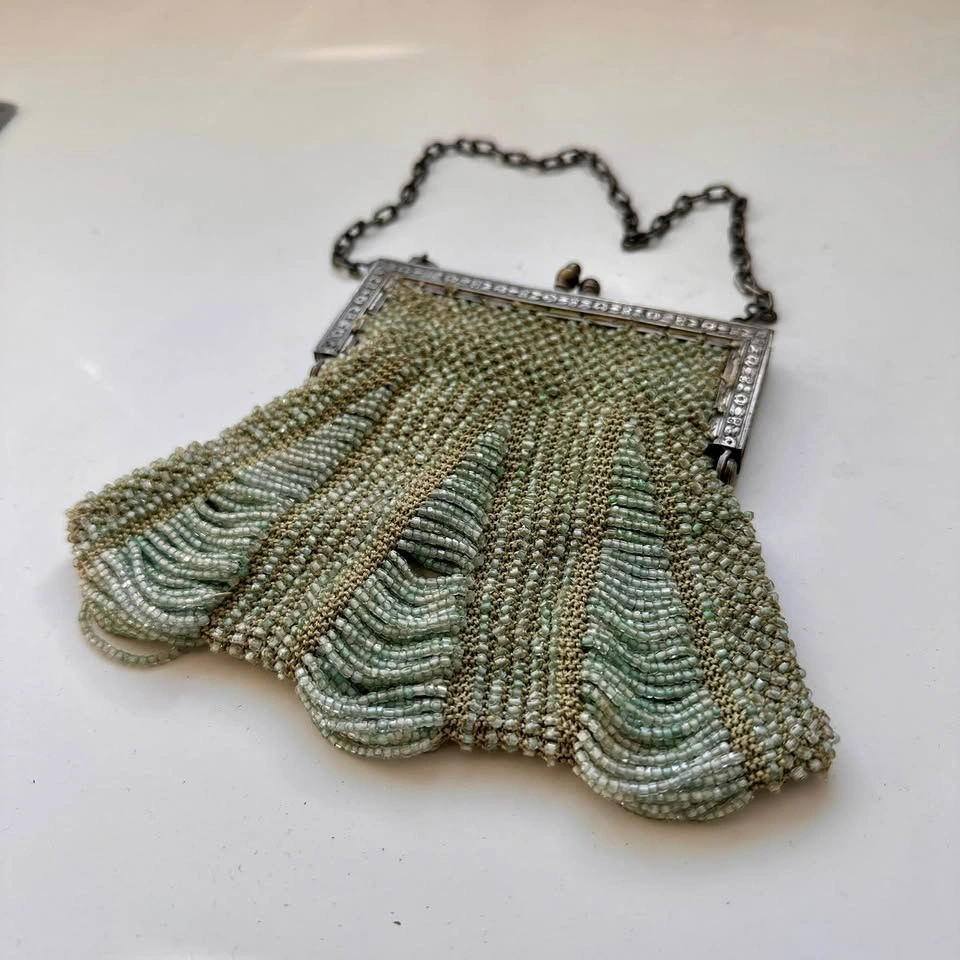 Antique Victorian Art Deco Silver Beaded Evening Bag - photo 3