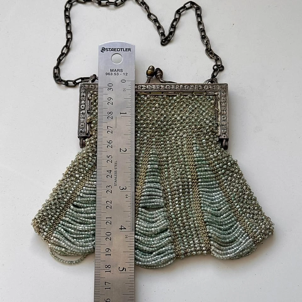 Antique Victorian Art Deco Silver Beaded Evening Bag - photo 5