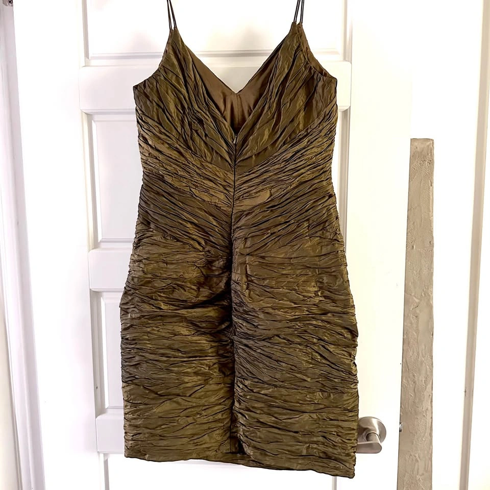 Olive Green Ruched V-Neck Spaghetti Strap Prom Bridesmaid Dress - photo 2