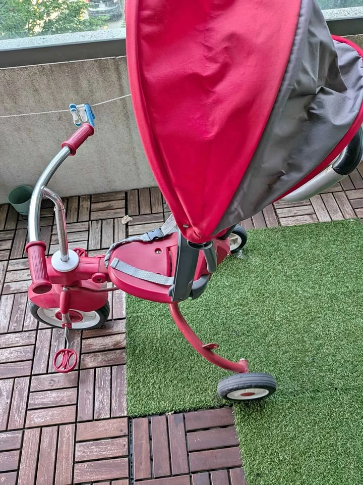 Radio flyer tricycle, 12 inch kids bicycle and Fisher Price scoo