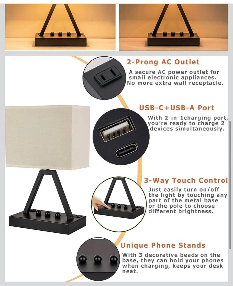 Bedside Table Lamp with USB-C, USB Charging Ports & AC Outlet - photo 3