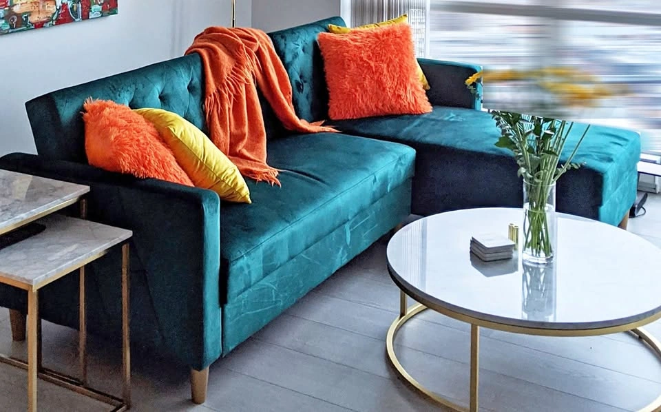 Teal Velvet Sectional Sofa — Converts to Bed + Storage