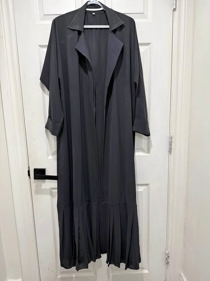 Charcoal Gray Open Abaya with Pleated Hem
