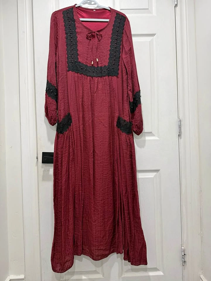 Elegant Burgundy Modest Maxi Dress w/ Black Lace