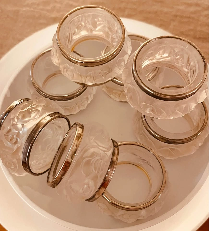 7 Vintage William Adams Frosted Rose Crystal Napkin Rings - photo 4