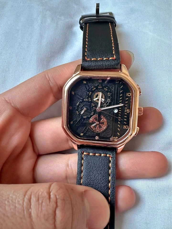 Men's Rose Gold Tone Black Leather Strap Watch