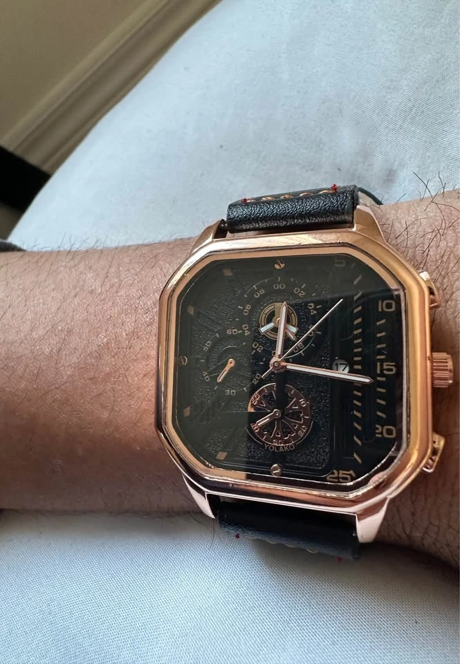 Men's Rose Gold Tone Black Leather Strap Watch - photo 2