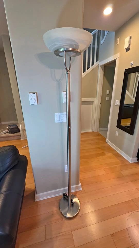 Adesso Expo Floor Lamp – Brushed Steel & Frosted Glass