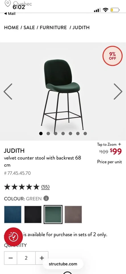 Structube Velvet Green Judith Counter Stools x2