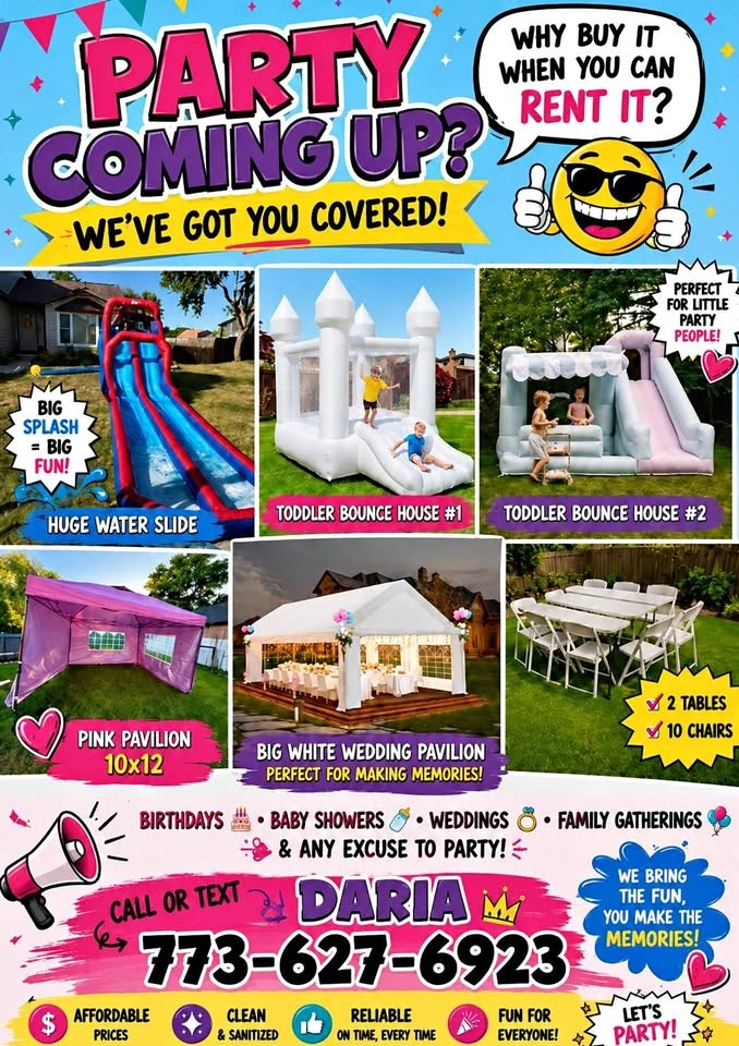 Tents, Water slides, Bouncing houses, Tables, and Chairs