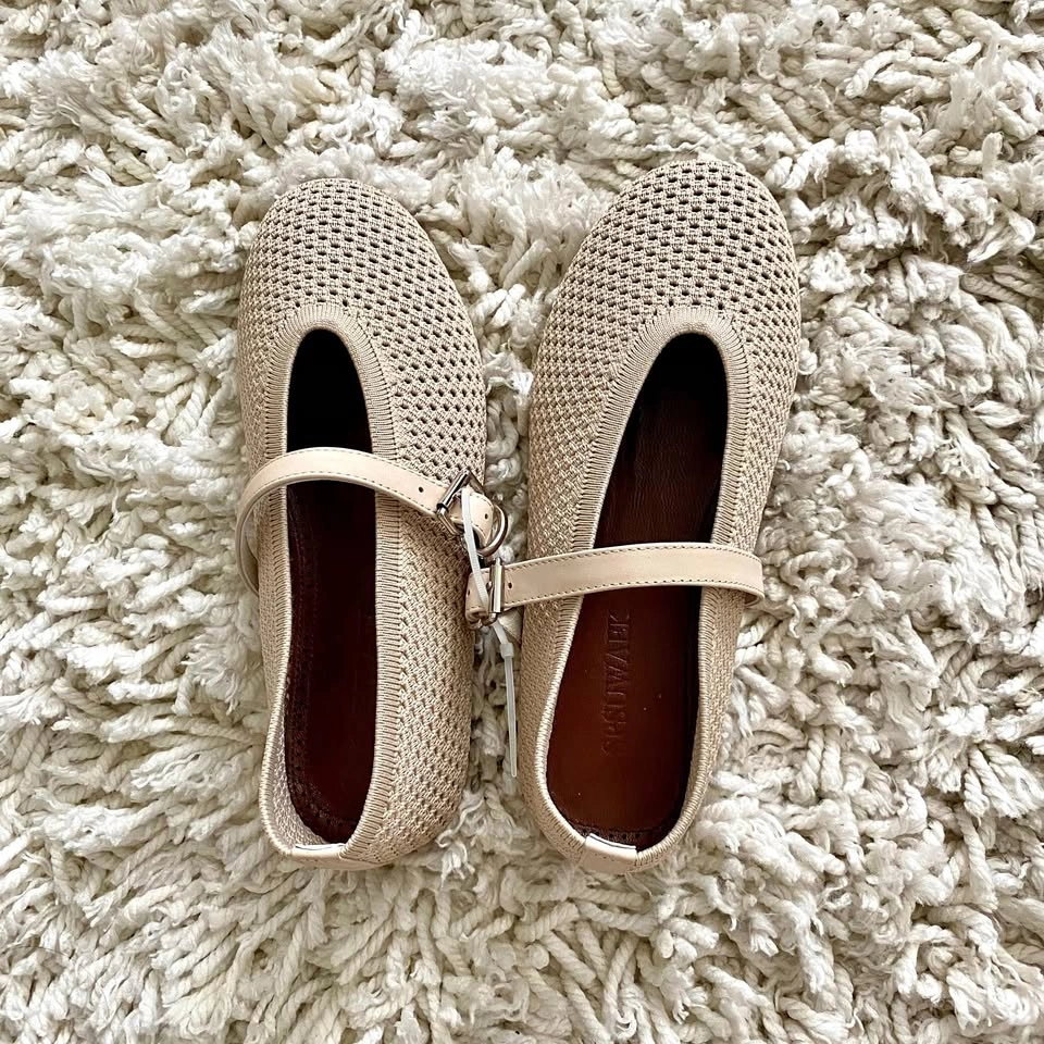 Beige Woven Mesh Mary Jane flats
