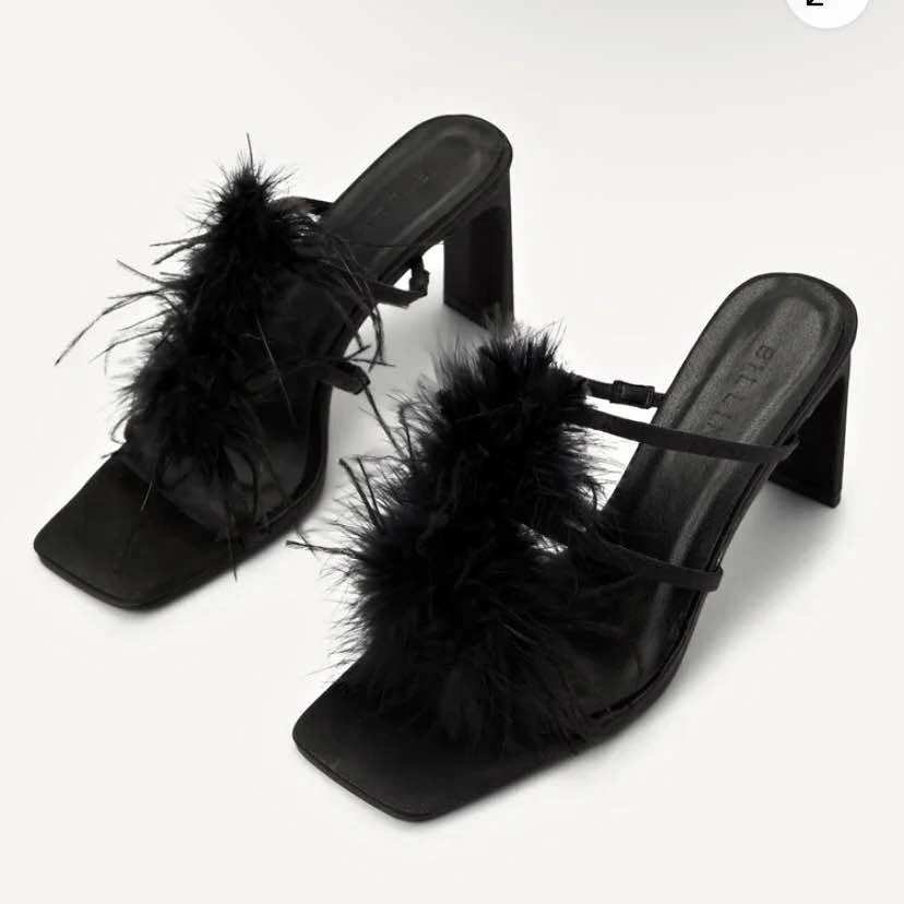 Billini Kayden black satin feather slide-on high heel sandals