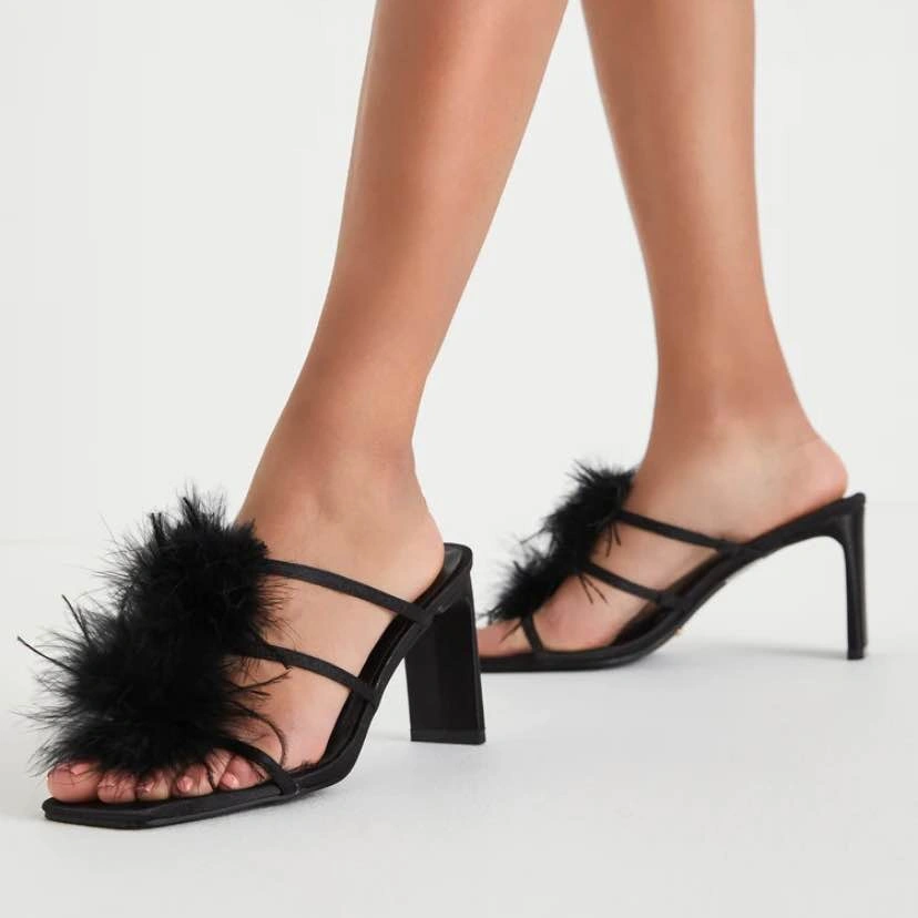 Billini Kayden black satin feather slide-on high heel sandals - photo 2
