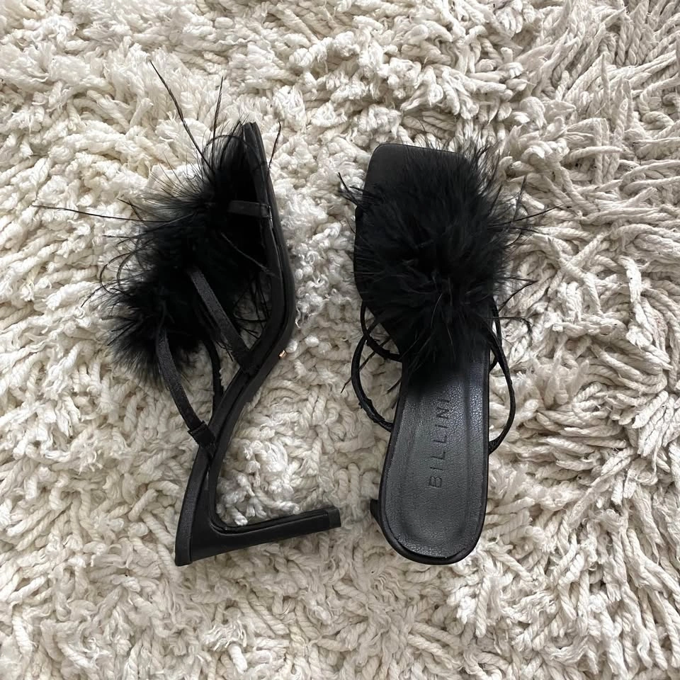 Billini Kayden black satin feather slide-on high heel sandals - photo 3