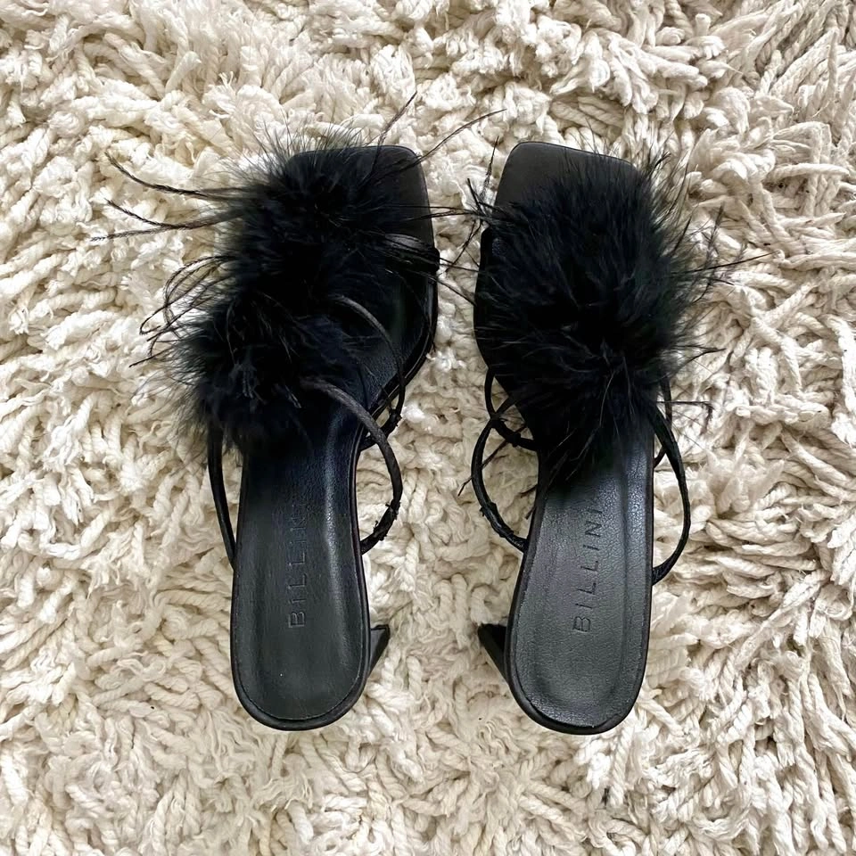 Billini Kayden black satin feather slide-on high heel sandals - photo 4