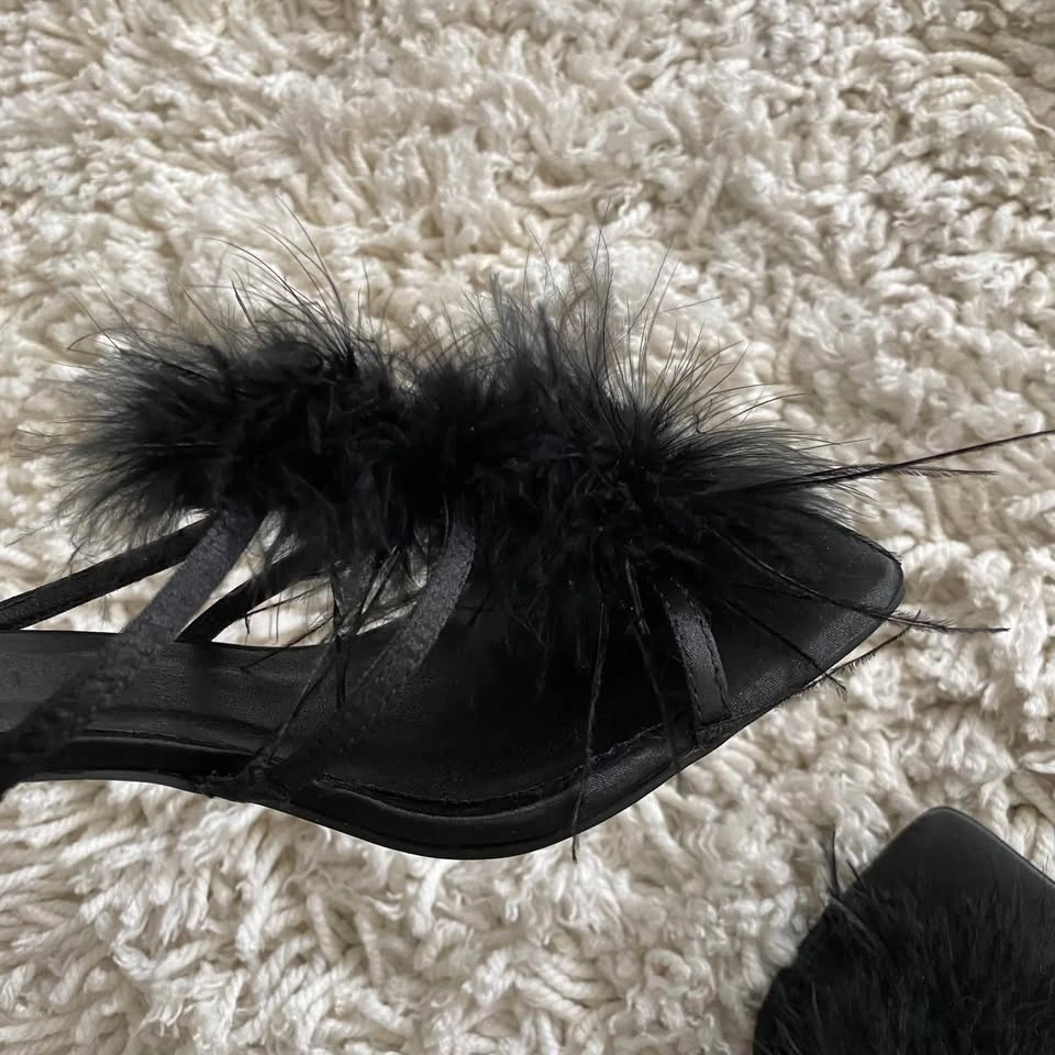Billini Kayden black satin feather slide-on high heel sandals - photo 5