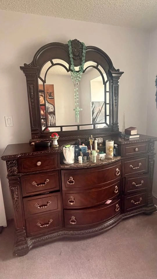 Ornate Traditional Wood Dresser with Mirror