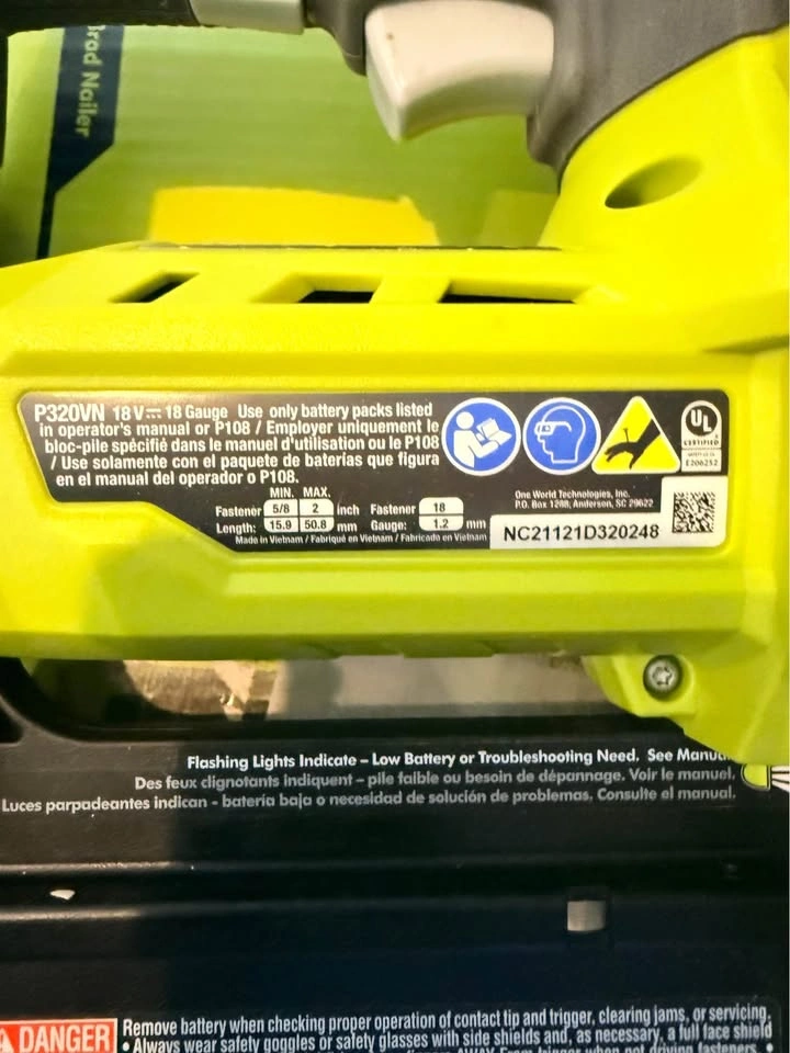 RYOBI 18-Gauge Cordless Brad Nailer (Model P320VN) - photo 3