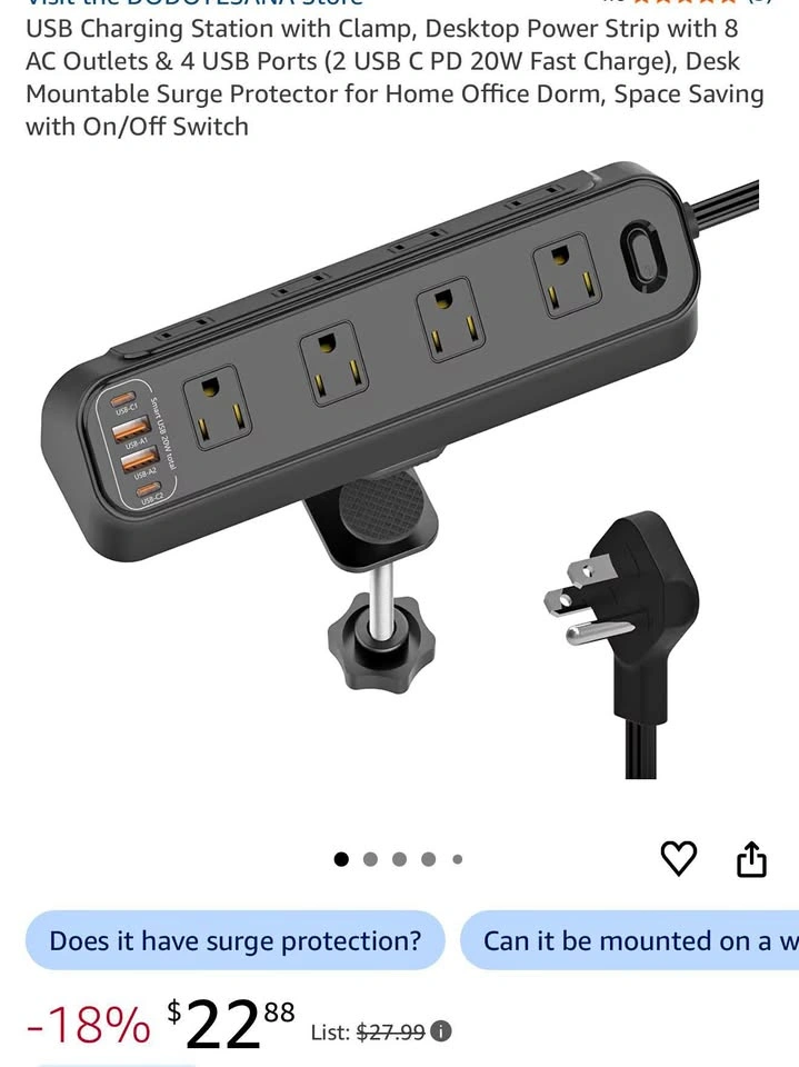 USB Charging Station with Clamp, Desktop Power Strip