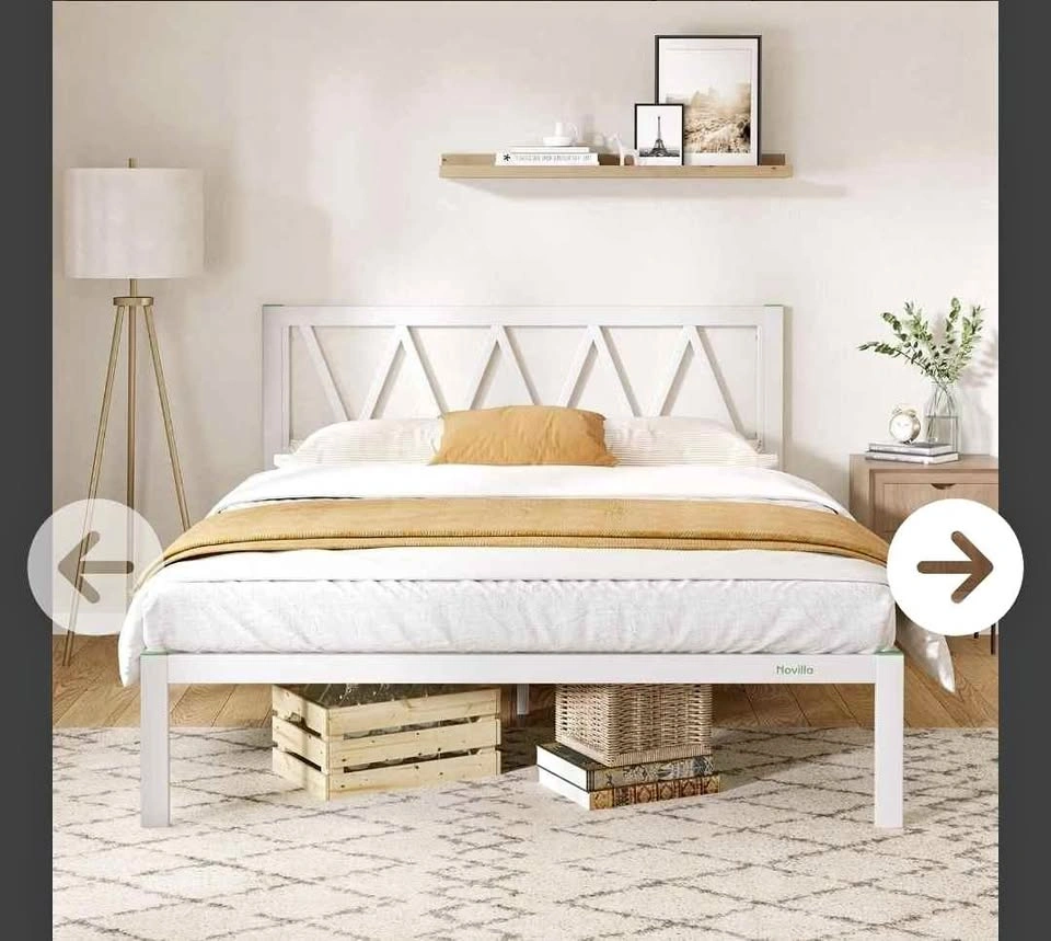 Novilla White Metal Platform Full Bed Frame, Modern Chevron Head