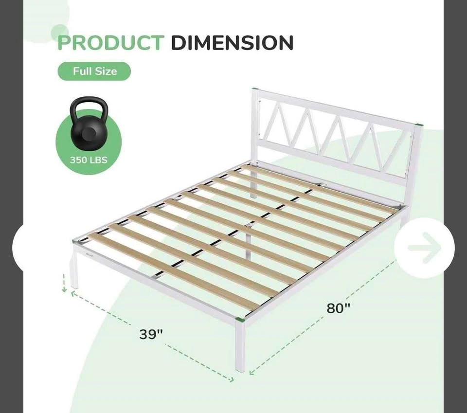 Novilla White Metal Platform Full Bed Frame, Modern Chevron Head - photo 2