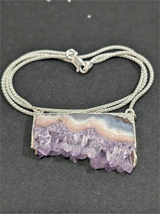 Natural agate/Quartz druzy Necklace 18", Silver(14.34g)