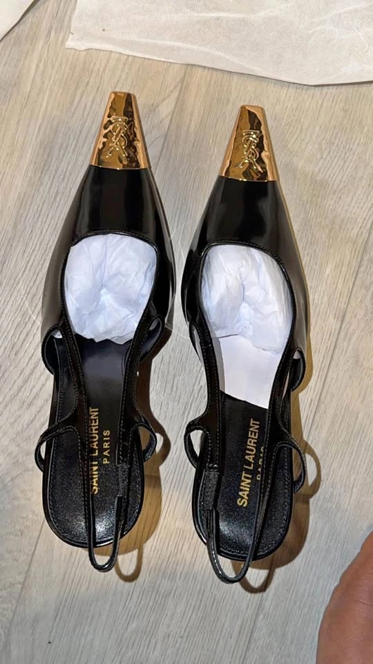 Ysl saint Laurent gold pointed toe slingback