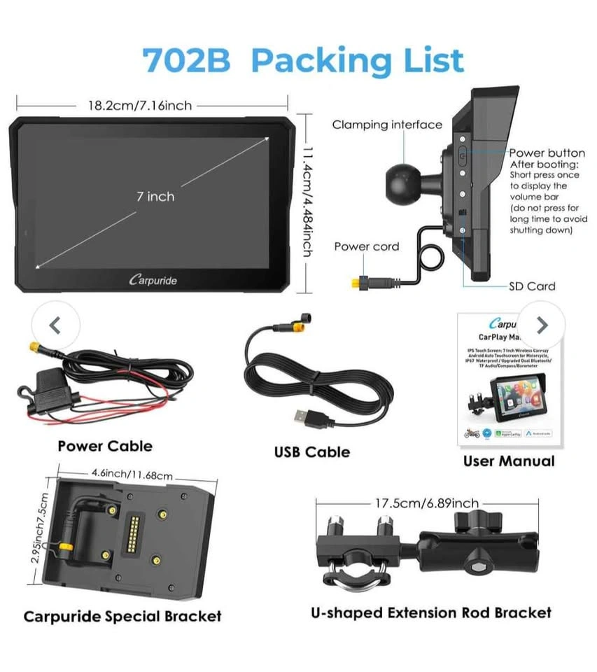 Carpuride W702B Wireless Motorcycle Portable Stereo Navigation M - photo 4