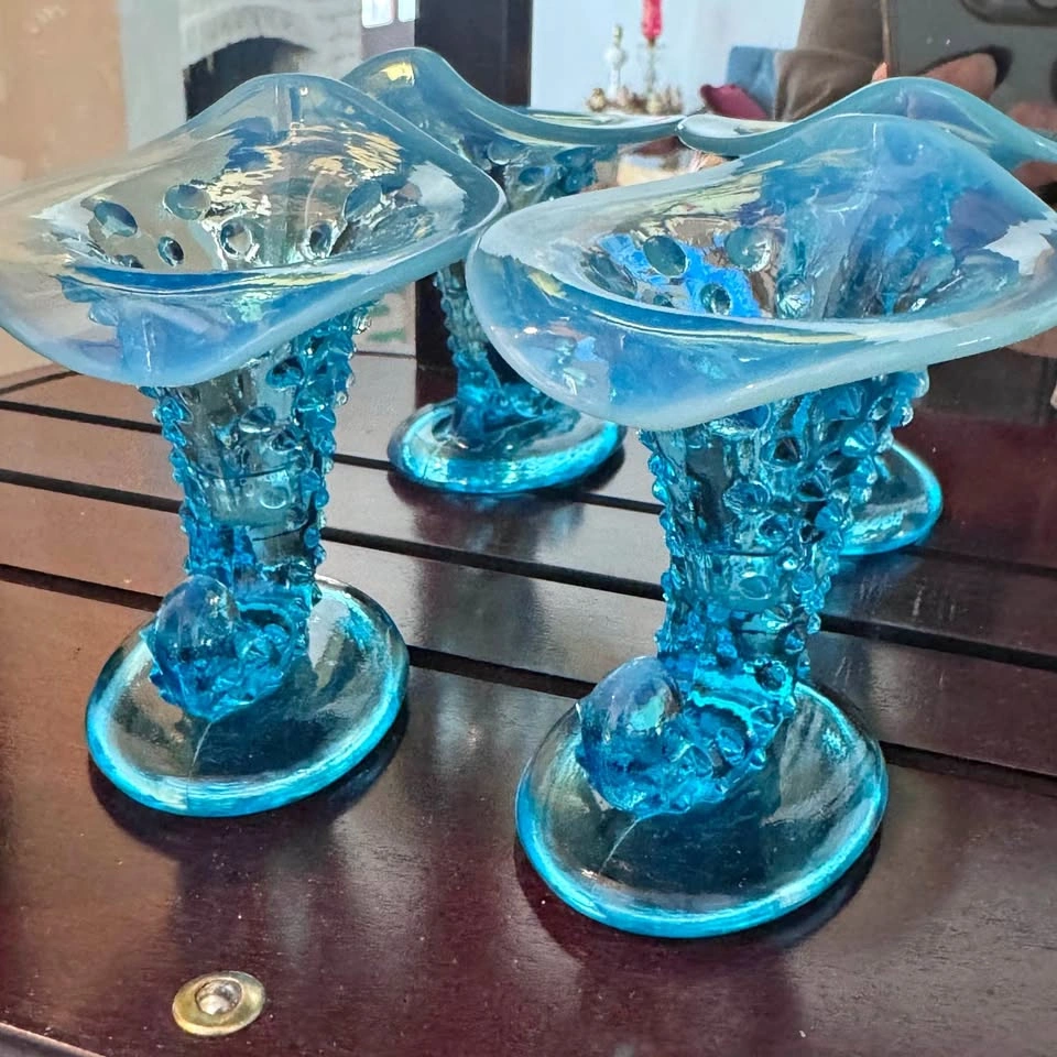 Vintage pair of turquoise hob nail bud vases