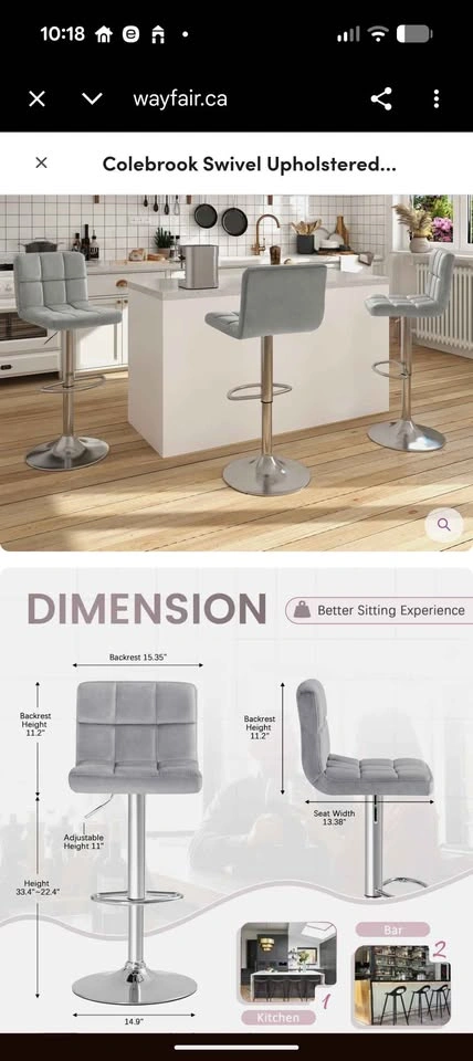 Pair of Grey Tufted Barstools – Adjustable Height & Swivel - photo 4