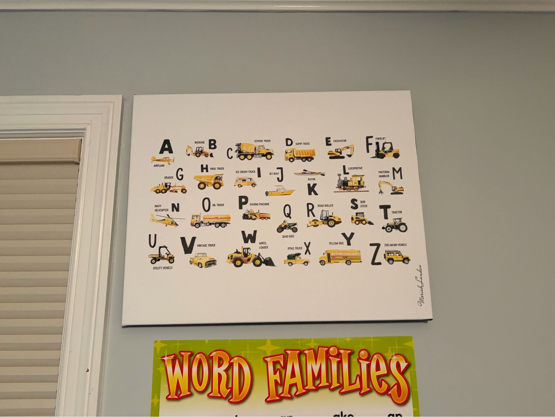 Construction alphabet while hanging on canvas