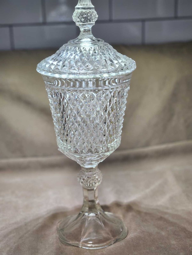 Vintage Indiana Glass Diamond Point Apothecary Jar with Lid