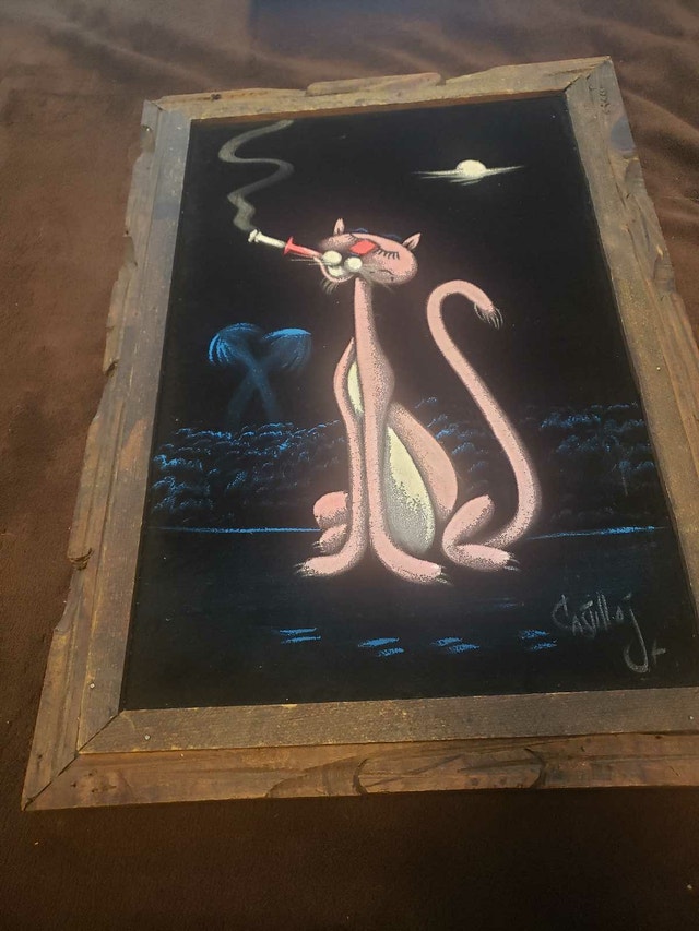 Vintage Black Velvet Art - Smoking Panther - Mid-Century/Retro - photo 2